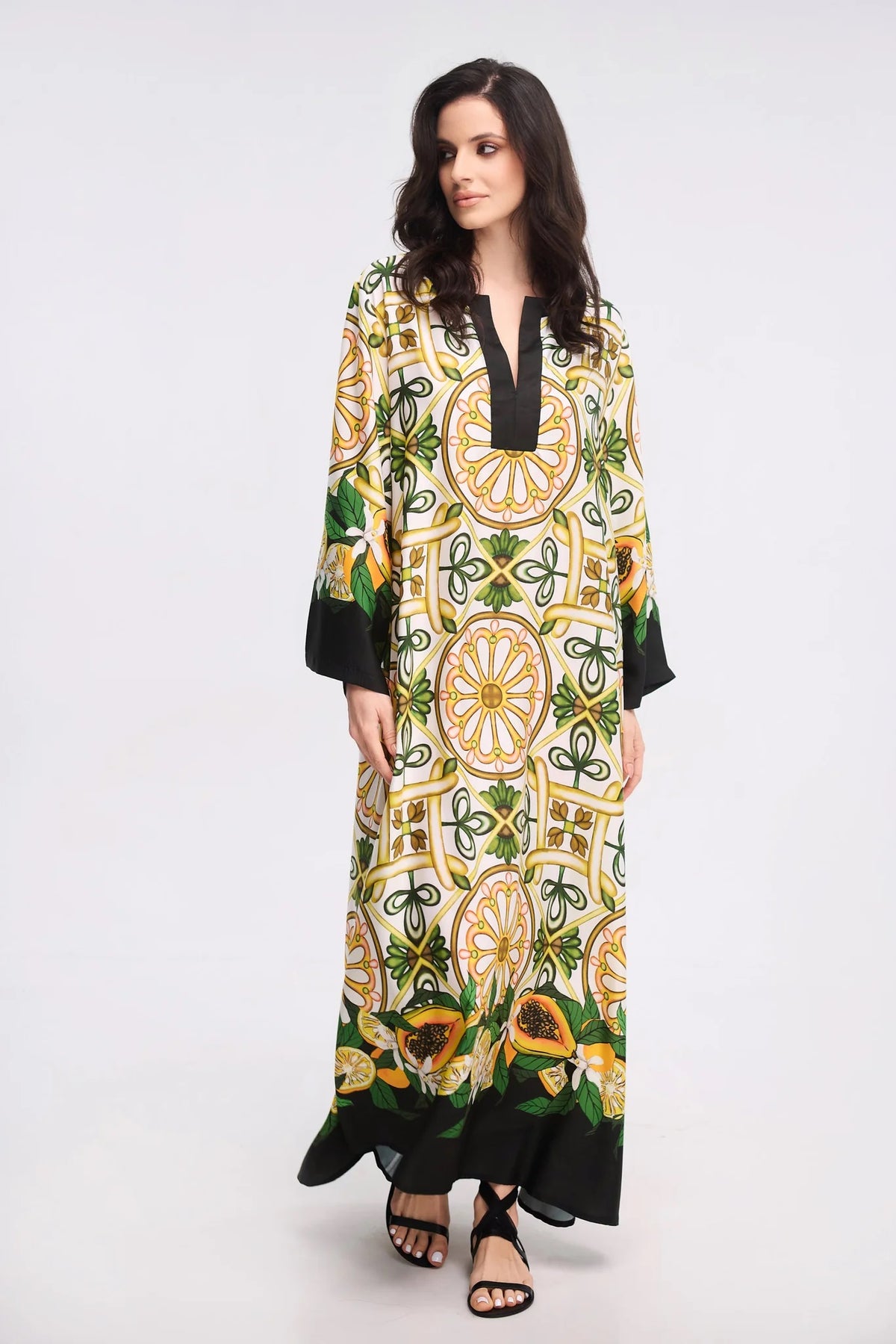Sicilian Mosaic &amp; Citrus Print Maxi Kaftan Dress – Ivory V-Neck Bell Sleeve Gown