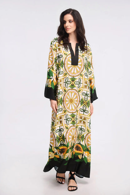 Sicilian Mosaic &amp; Citrus Print Maxi Kaftan Dress – Ivory V-Neck Bell Sleeve Gown