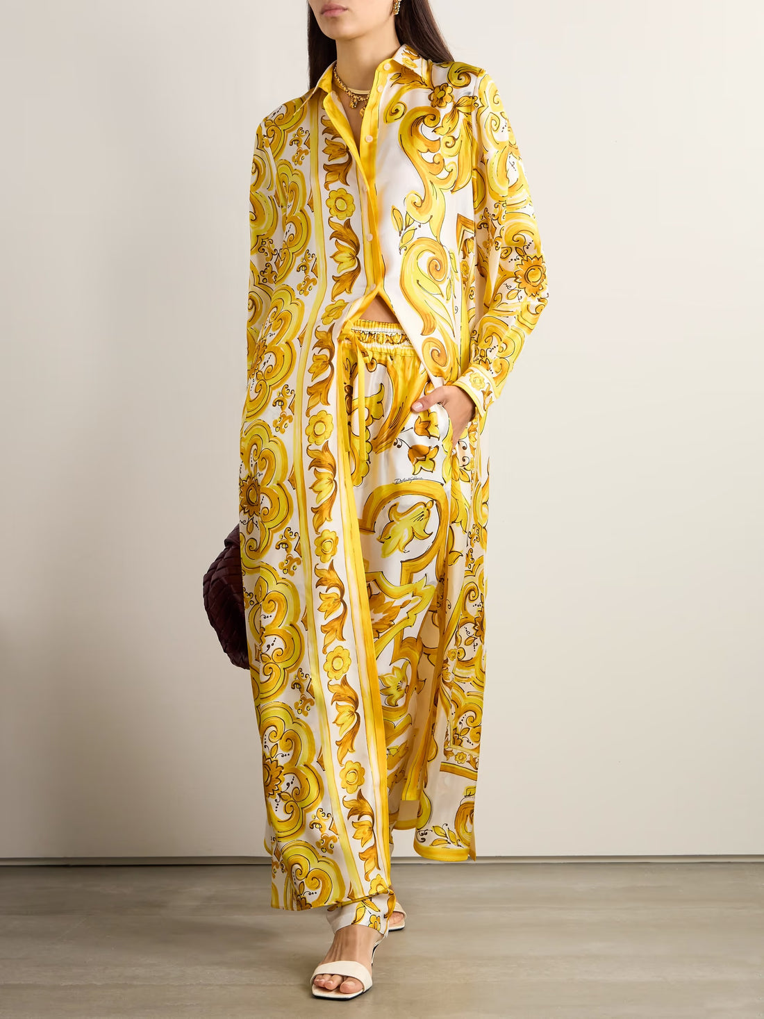 Golden Scroll Print Co-Ord Set | Maxi Shirt Dress &amp; Palazzo Pants