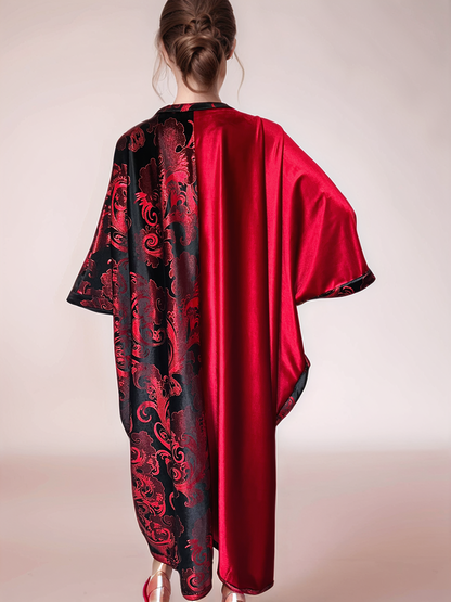 Elegant Red and Black Velvet Kaftan with Floral Patterns