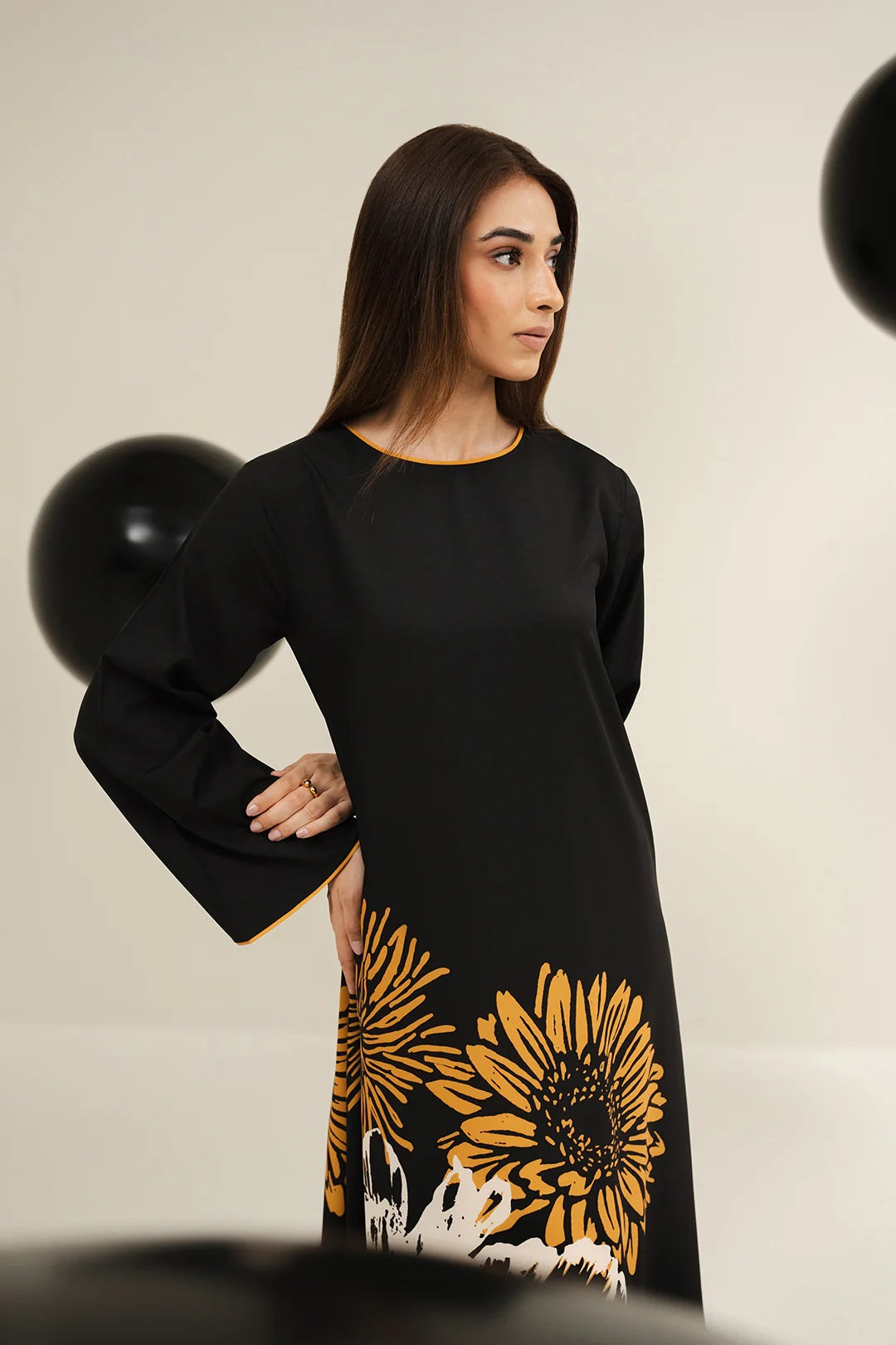 Black Sunflower Print Maxi Dress – Round Neck Bell Sleeve A-Line Gown