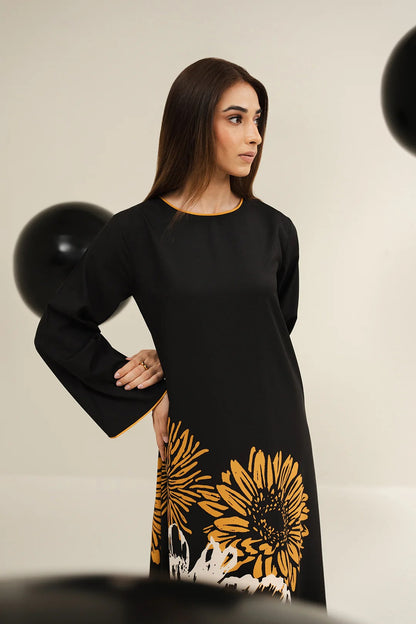Black Sunflower Print Maxi Dress – Round Neck Bell Sleeve A-Line Gown