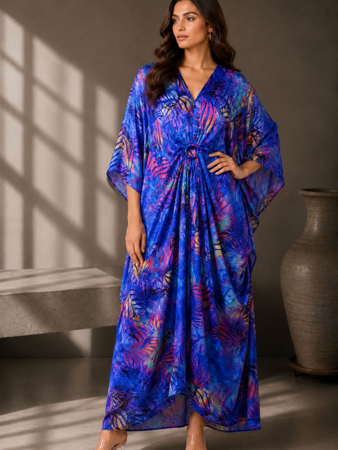 Emerald Bloom Printed Kaftan Maxi Dress with Ring Detail -Blue