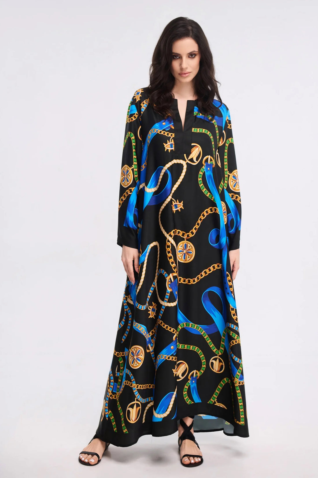 Black Chain &amp; Ribbon Print Maxi Kaftan Dress