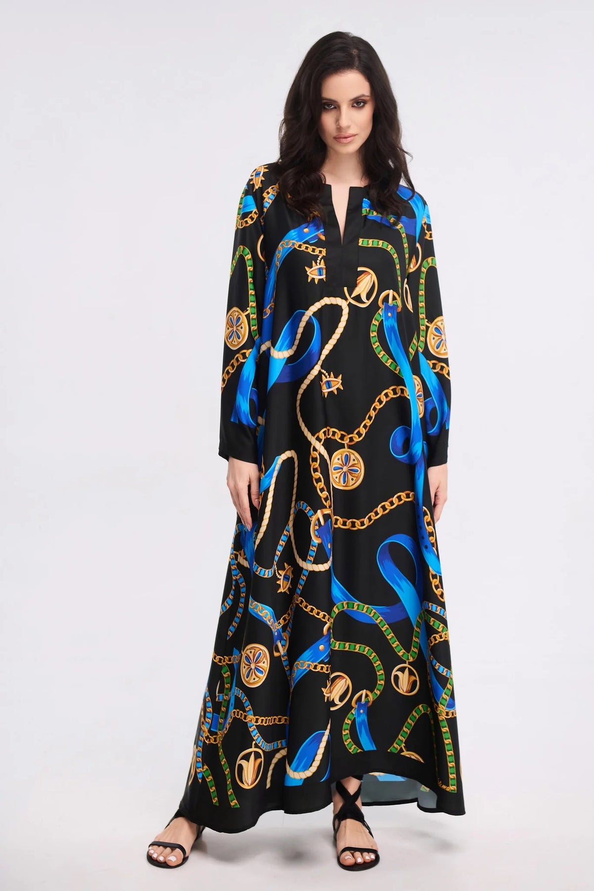 Black Chain &amp; Ribbon Print Maxi Kaftan Dress
