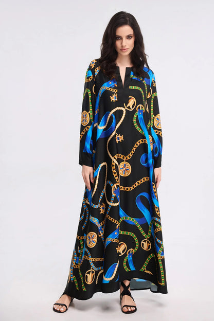 Black Chain &amp; Ribbon Print Maxi Kaftan Dress