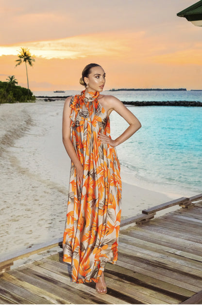 Tropical Sunset Halter Neck Maxi Dress