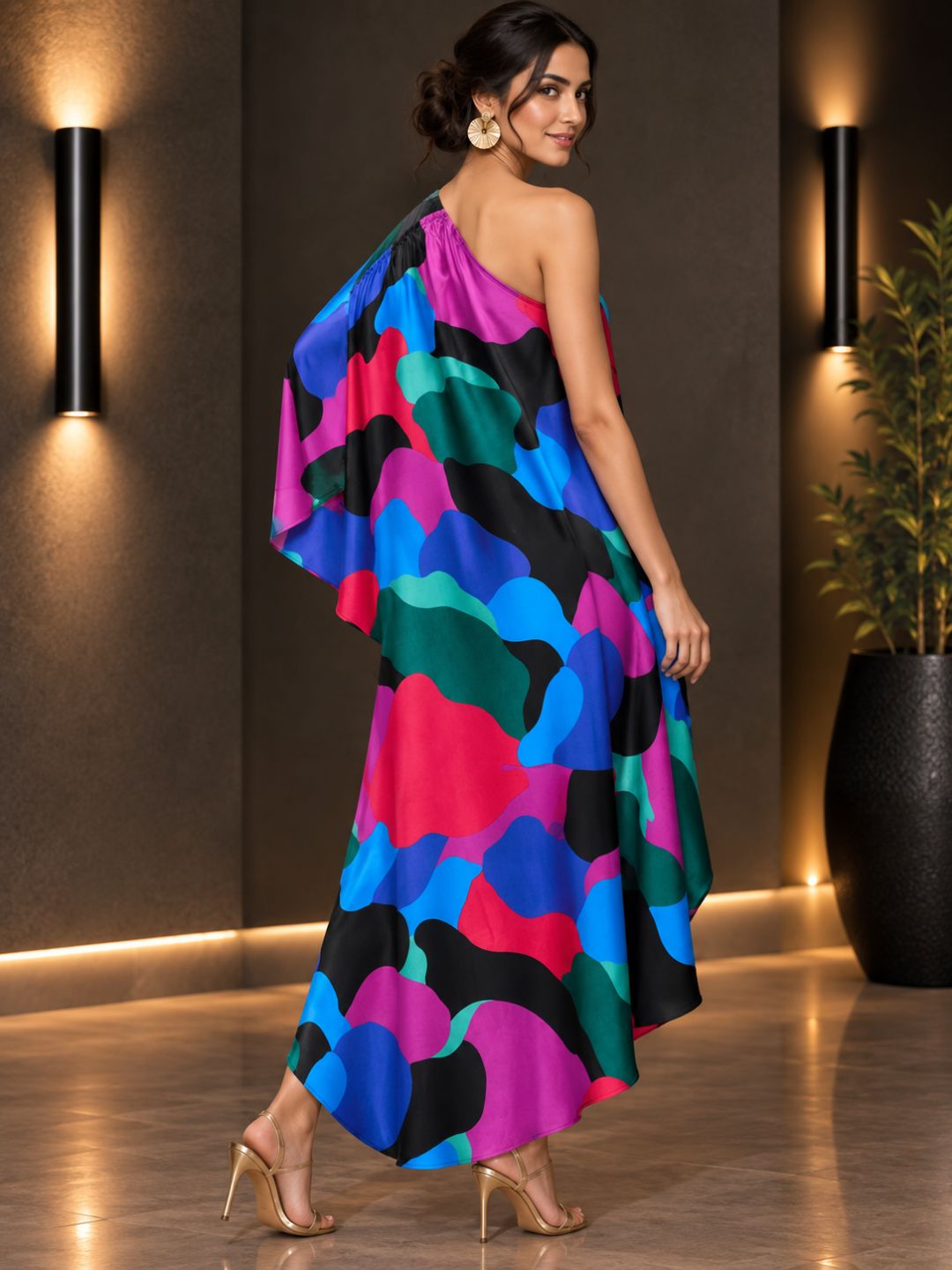 Multicolor Abstract Print Satin Silk Kaftan Dress with One-Shoulder Draped Design