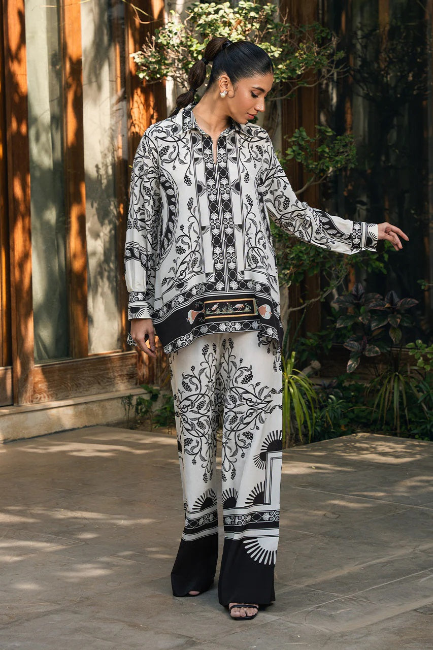 Monochrome Botanical Print Co-Ord Set – Collared Shirt &amp; Wide-Leg Pants