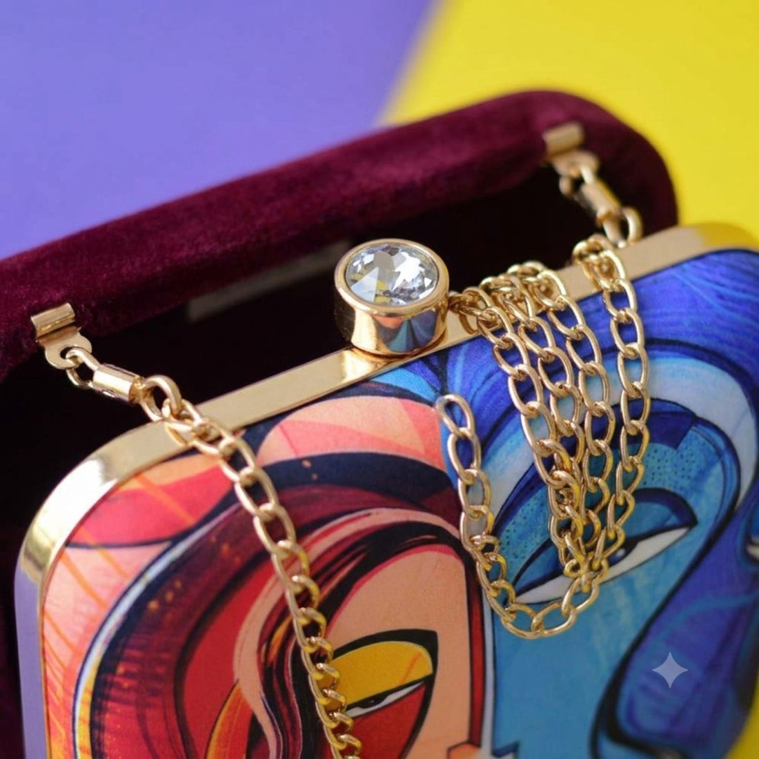 Dual Tone Abstract Face Print Hard Case Clutch Bag with Gold Chain