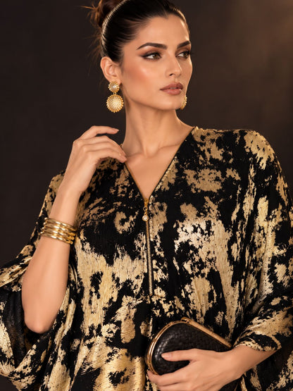Black &amp; Gold Metallic Print Crinkle Kaftan Dress for Women