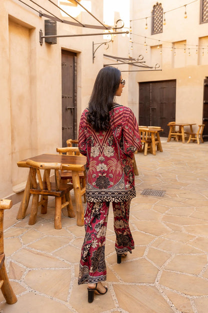 Maroon &amp; Black Digital Print Two-Piece Suit