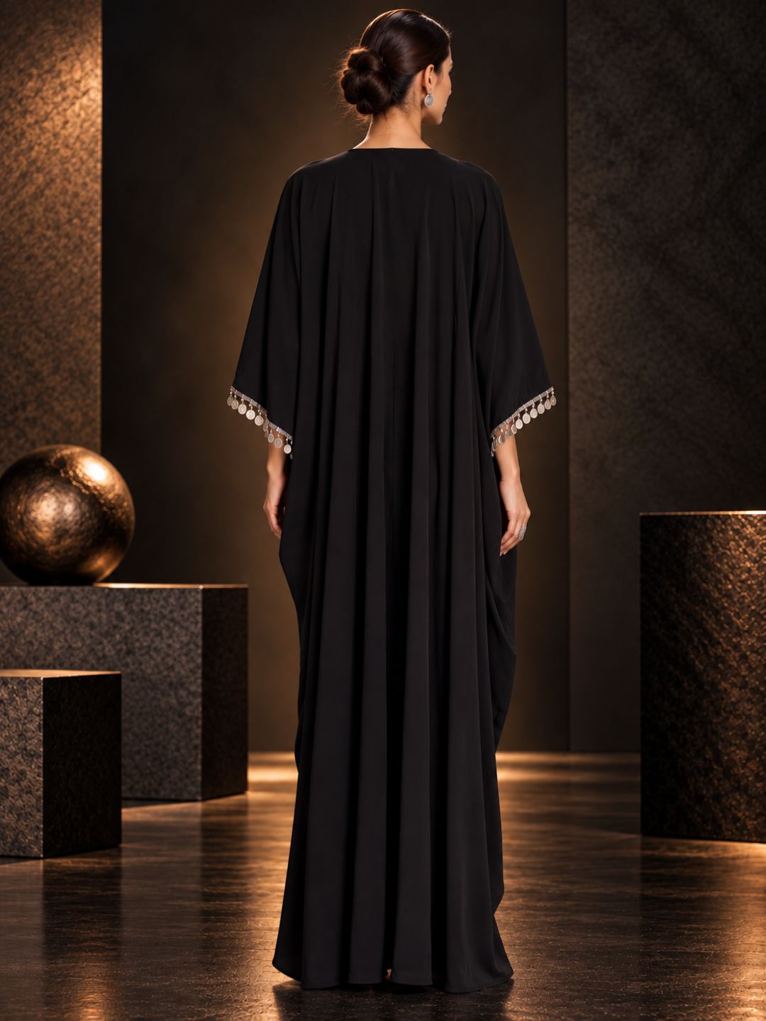 Black Embellished Kaftan Dress for Women | Coin Tassel Yoke Embroidered Maxi Kaftan – Festive &amp; Party Wear