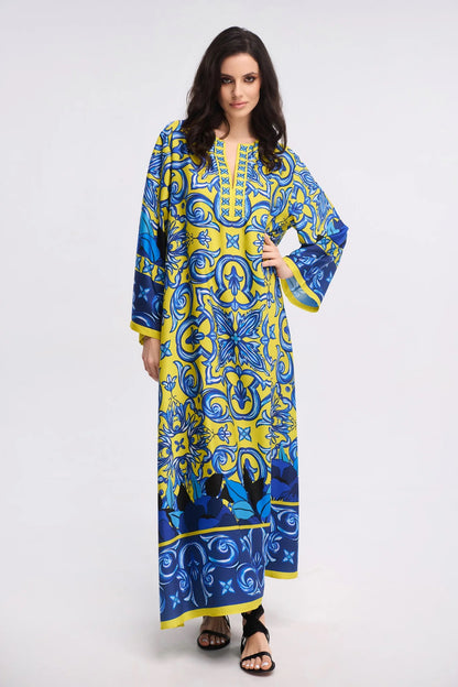Yellow Blue Majolica Print Maxi Kaftan Dress – V-Neck Bell Sleeve Gown