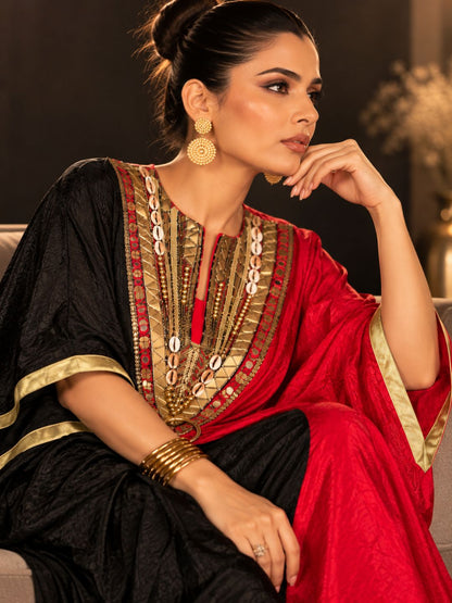 Black &amp; Red Dual Color Panel Embellished Nova Silk Kaftan