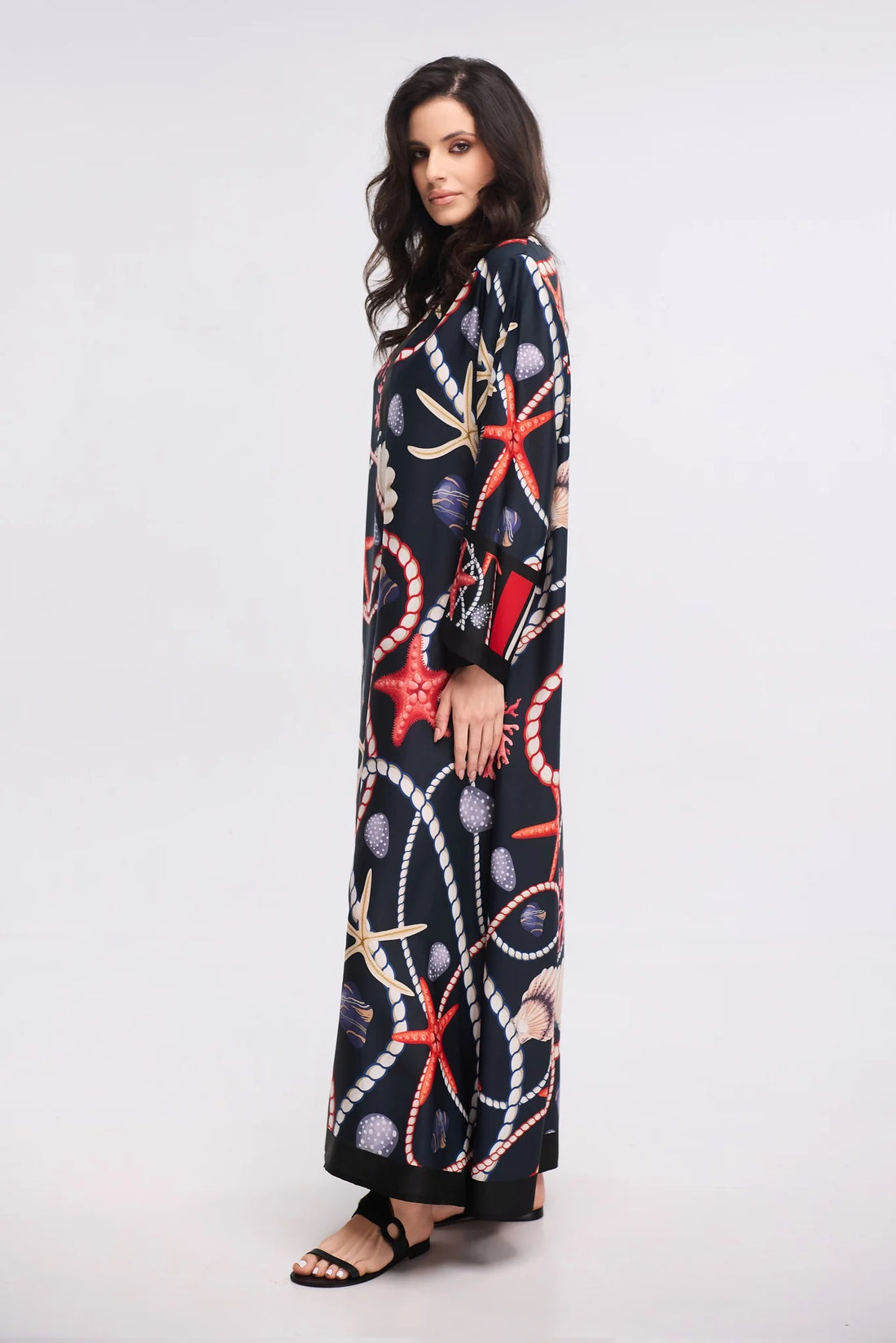 Navy Nautical Seashell &amp; Starfish Print Maxi Kaftan Dress – V-Neck Bell Sleeve Gown
