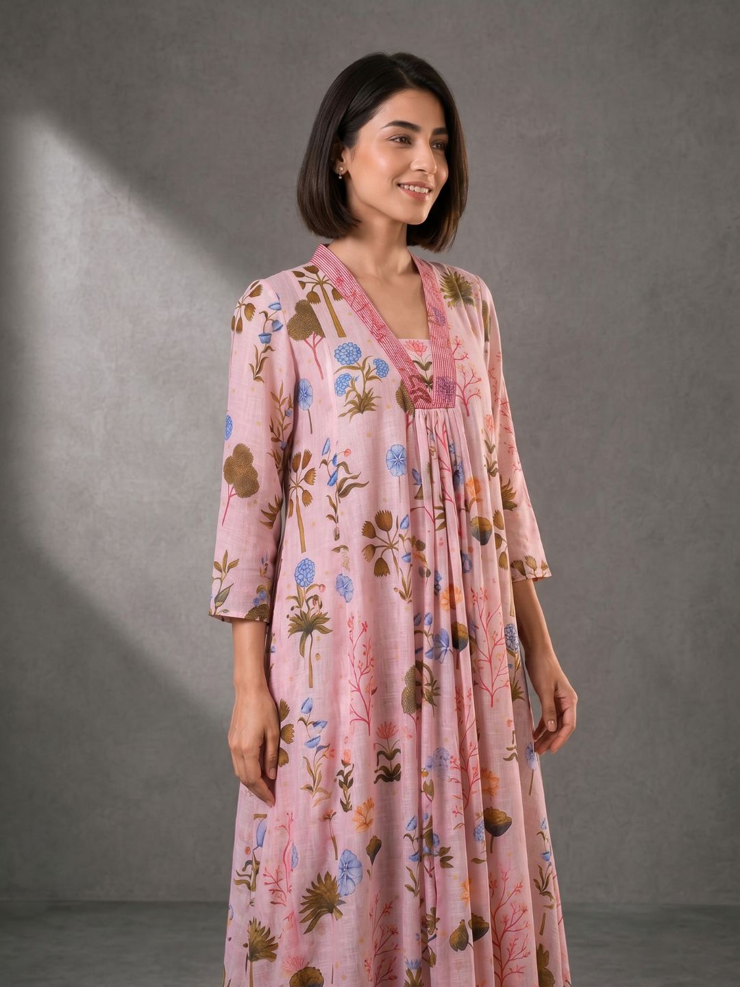 Blush Pink Floral Printed Cotton Maxi Dress for Women