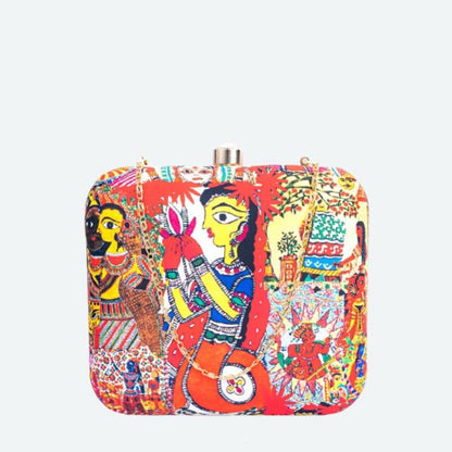 Madhubani Art Print Hard Case Box Clutch for Women