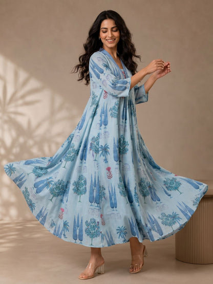 Sky Blue Scenic Printed Cotton Maxi Dress for Women