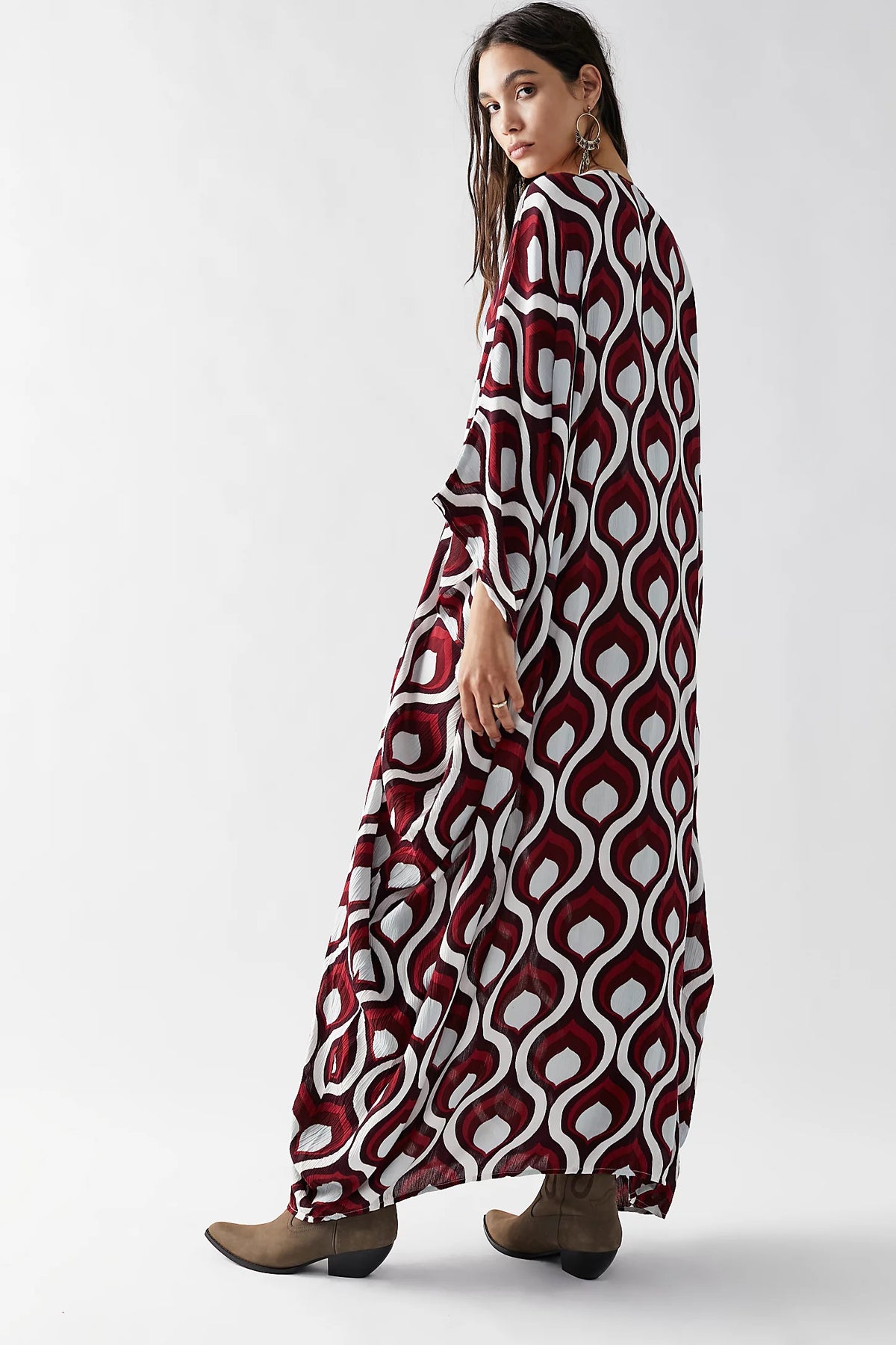 Geometric Print Kaftan Dress with Tie-Waist Detail