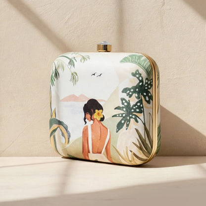 Tropical Paradise Print Hard Case Clutch Bag with Gold Chain