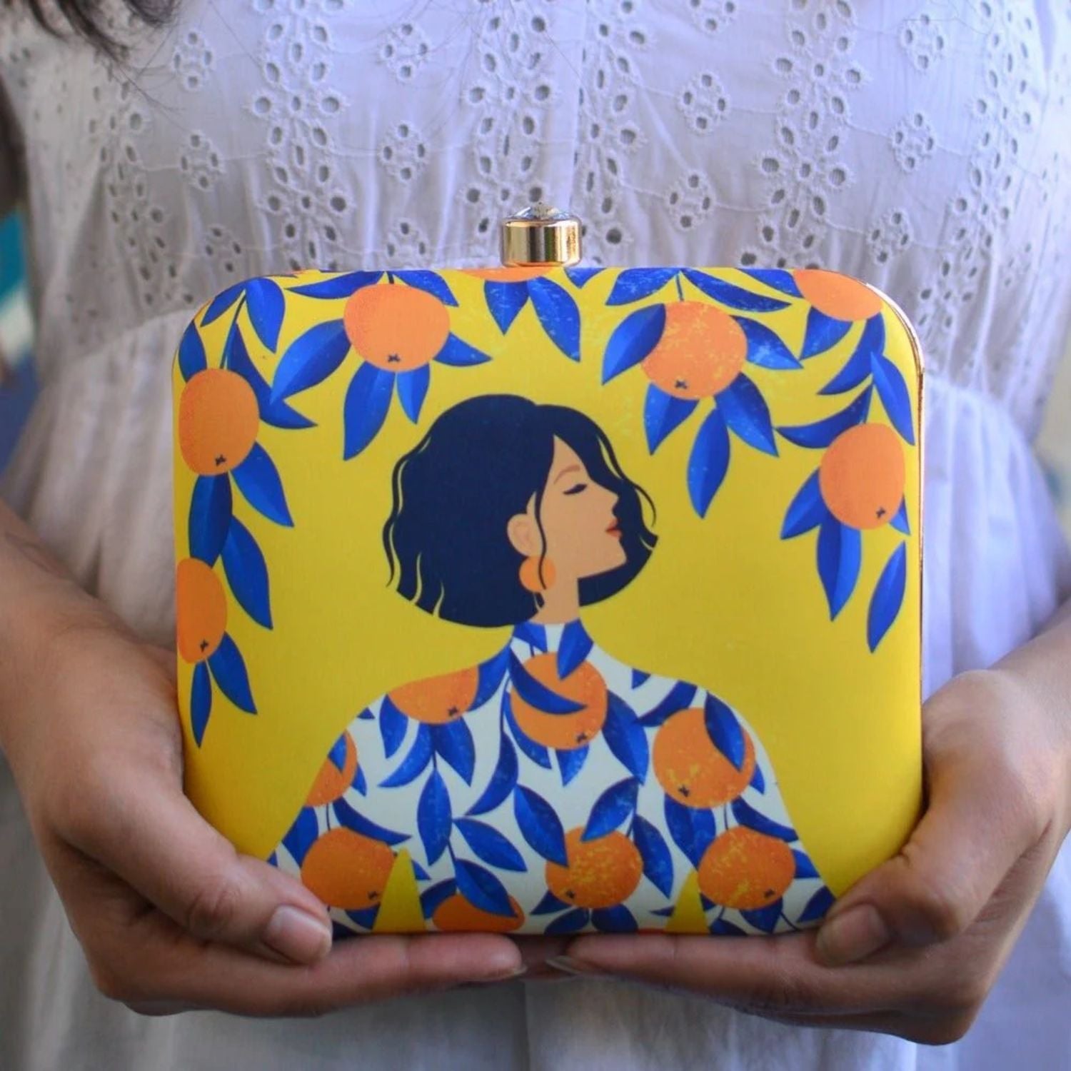 Citrus Bloom Art Print Hard Case Clutch Bag with Gold Chain