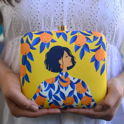 Citrus Bloom Art Print Hard Case Clutch Bag with Gold Chain