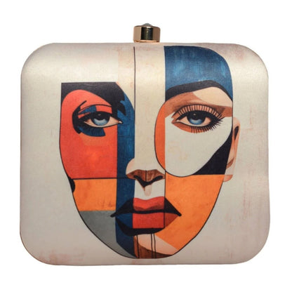 Abstract Cubist Face Print Hard Case Clutch Bag with Gold Chain