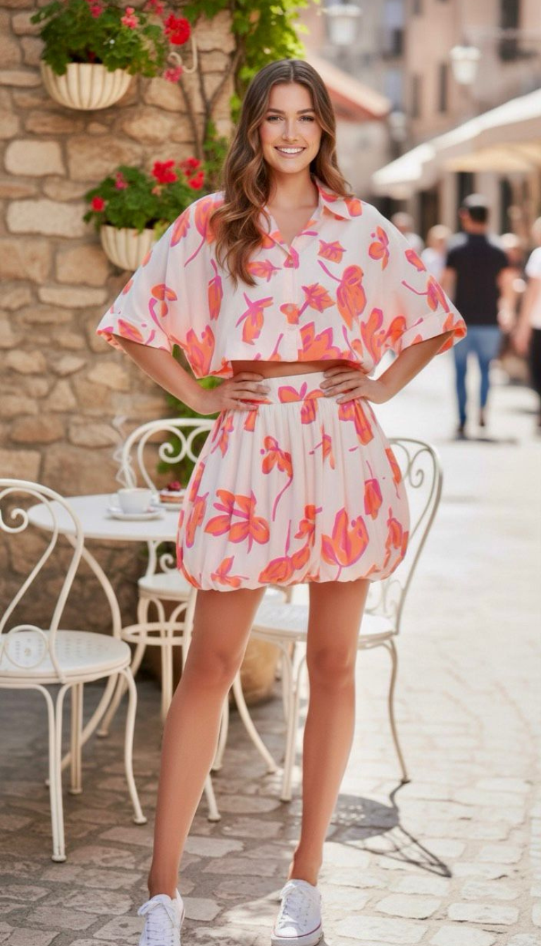 Floral Print Crop Shirt &amp; Balloon Skirt Set