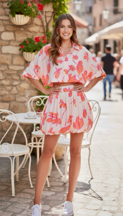 Floral Print Crop Shirt &amp; Balloon Skirt Set
