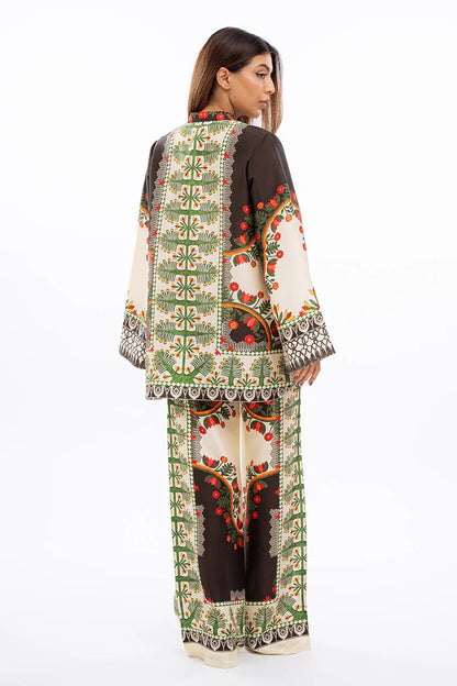 Folk Floral Print Co-Ord Set – Ivory &amp; Brown Mandarin Collar Tunic with Wide-Leg Pants