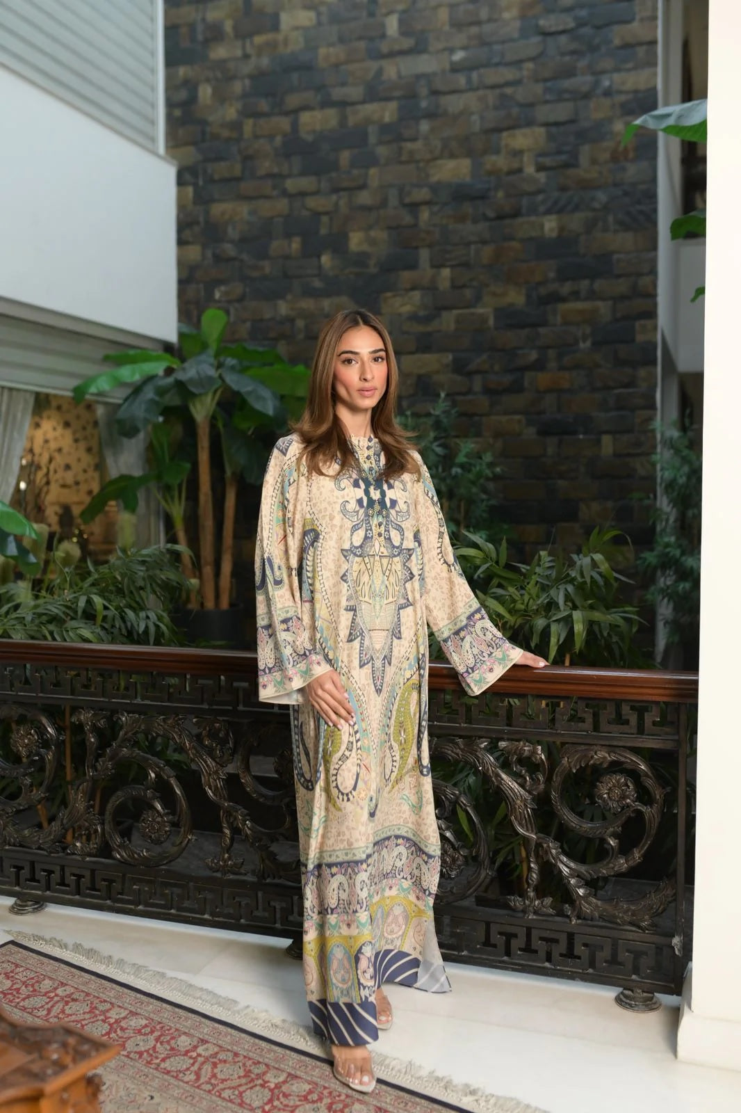 Printed Kaftan Maxi Dress - Beige &amp; Blue Ethnic Print