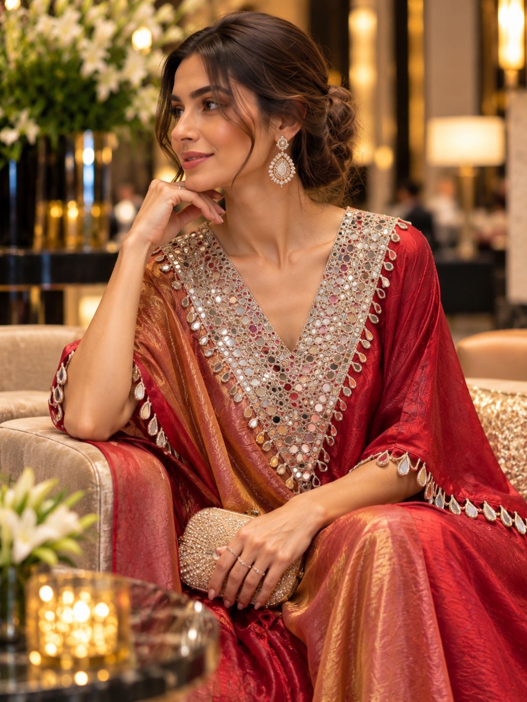 Red Ombré Space Silk Kaftan with Mirror Work V-Neck | Festive Draped Kaftan Dress for Women | Party &amp; Wedding Wear