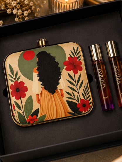 Floral Woman Printed Vanity Clutch with 2 × 15ml Fragrance Gift Set