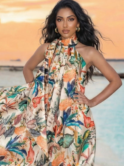 Tropical Floral Halter Maxi Dress - Elegant Satin Flowing Resort Wear for Summer Vacations and Beach Weddings