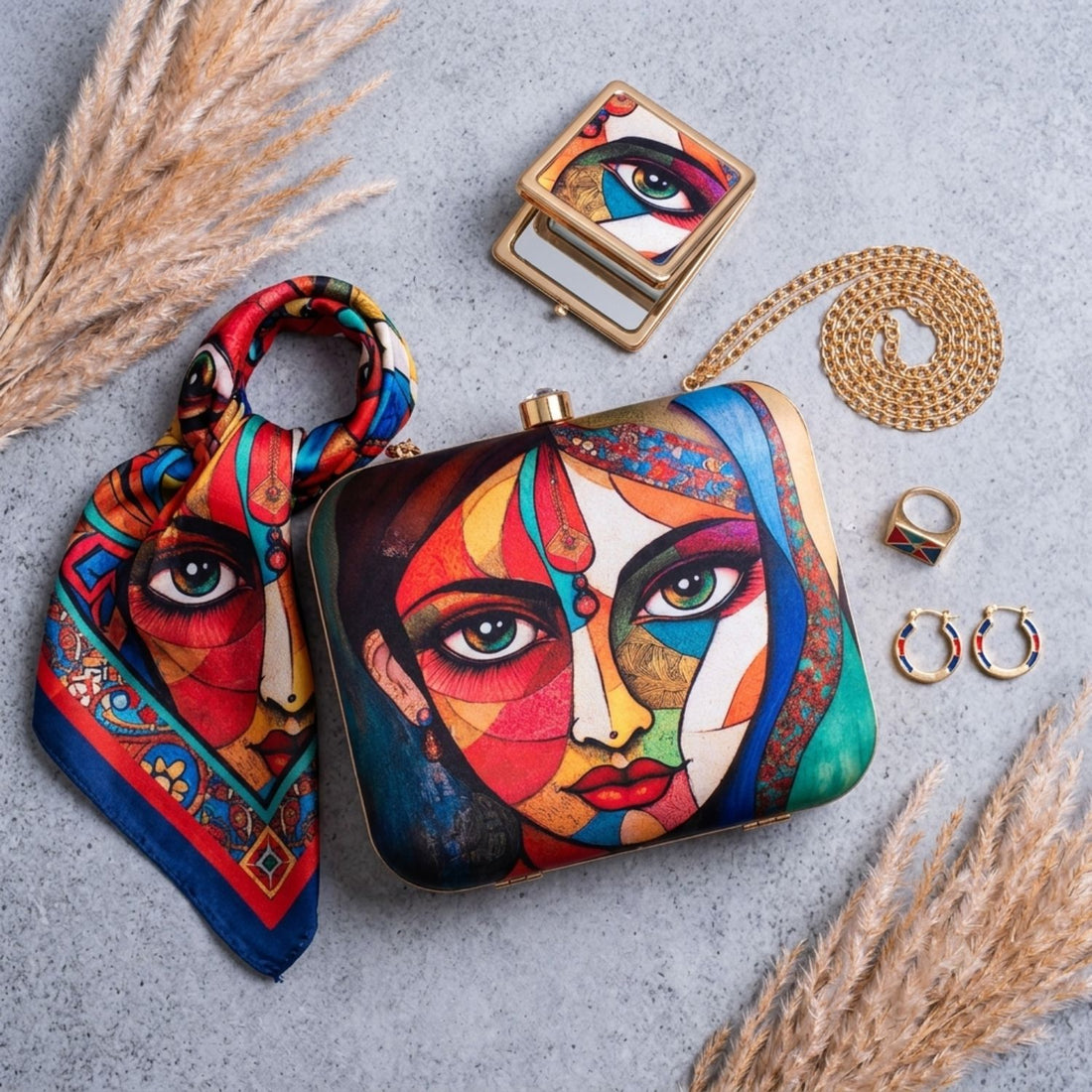 Abstract Art Print Hard Case Clutch Bag with Gold Chain