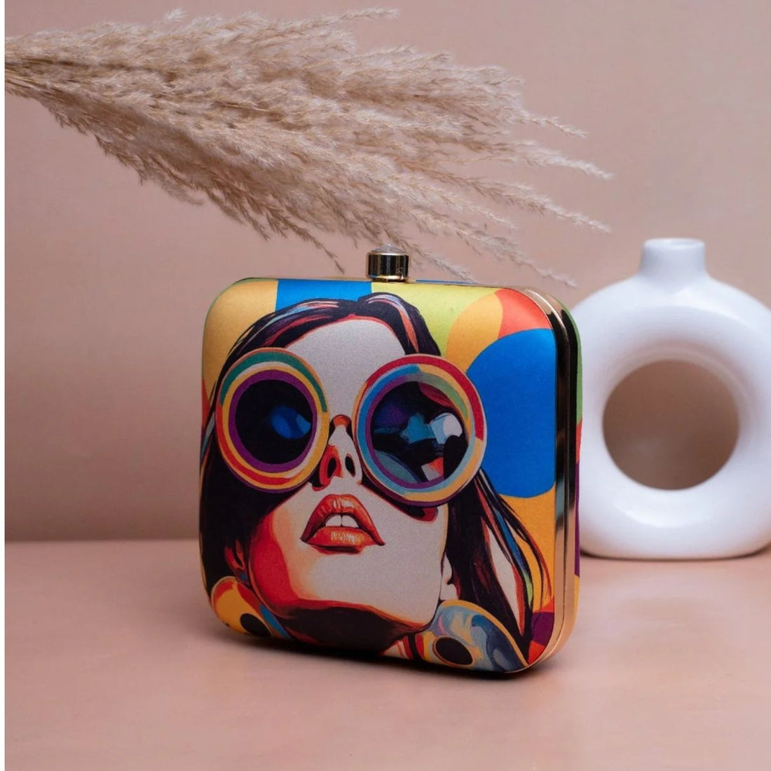 Pop Art Sunglasses Print Hard Case Clutch Bag with Gold Chain
