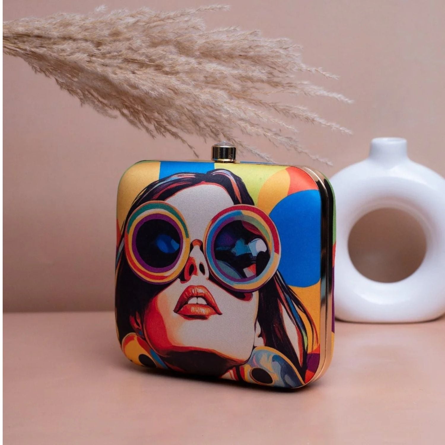 Pop Art Sunglasses Print Hard Case Clutch Bag with Gold Chain