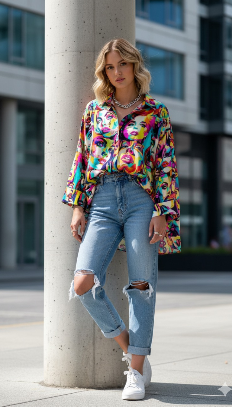 Pop Art Expression Oversized Shirt – Vibrant Faces Print