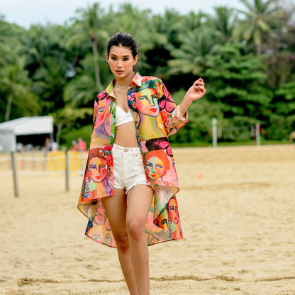 Tropical Printed Mango Silk short shirt dress