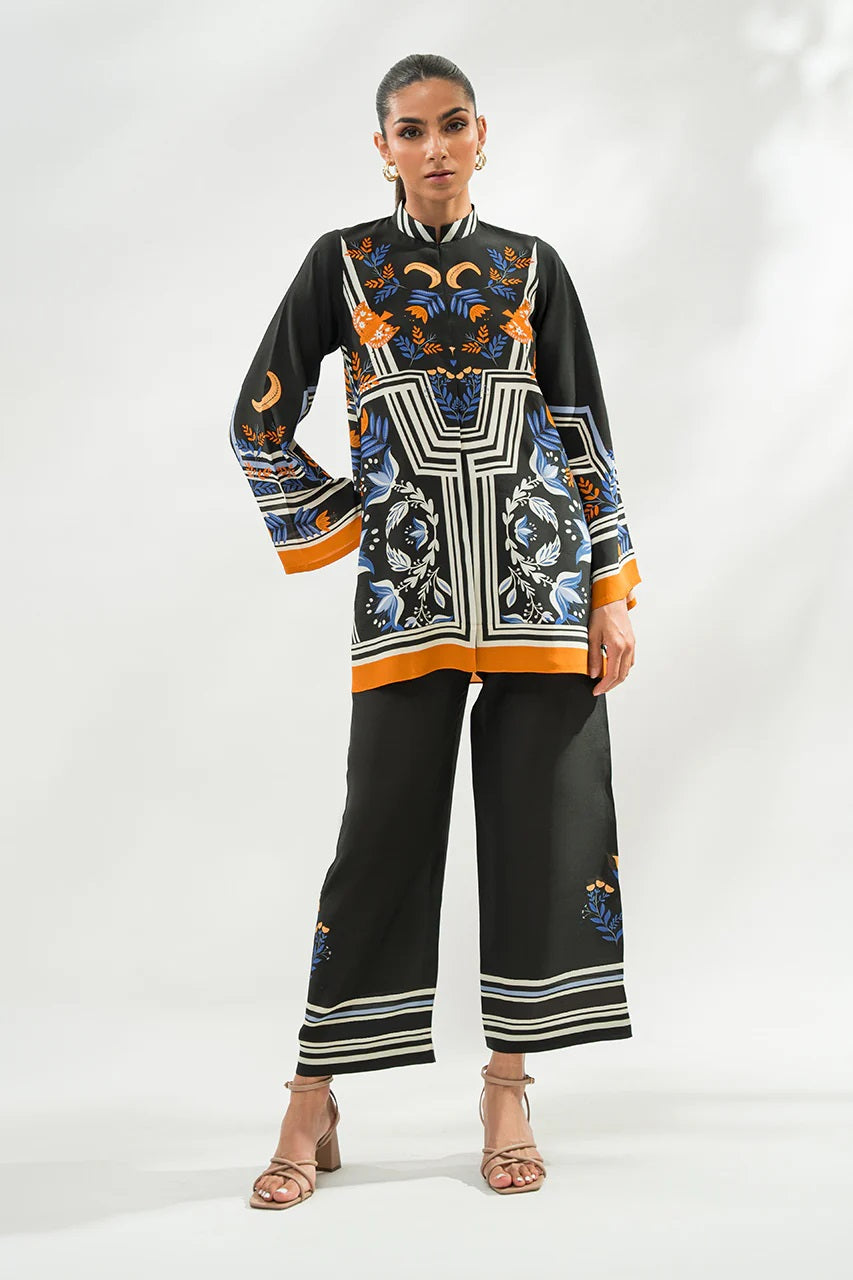 Black Floral Border Print Co-Ord Set – Mandarin Collar Tunic &amp; Straight Pants