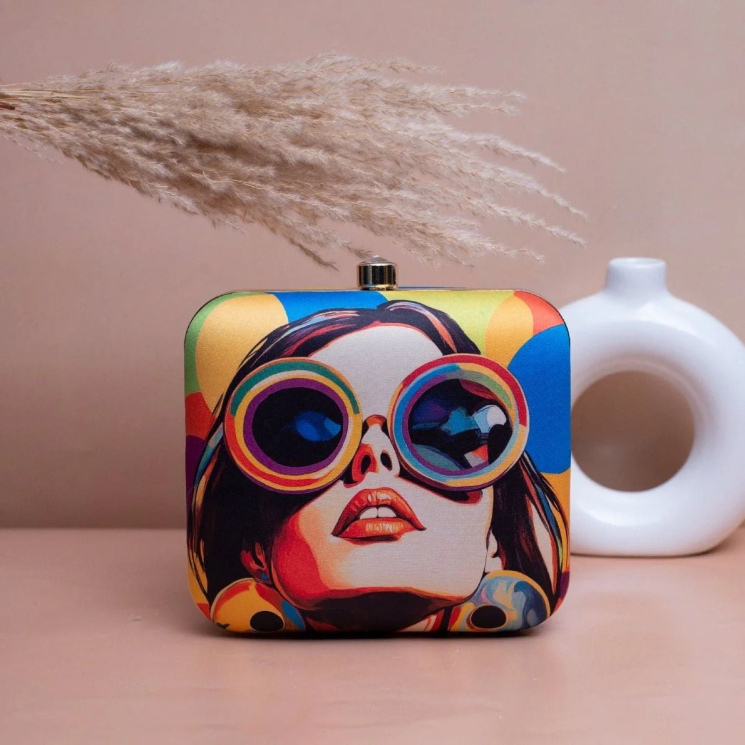 Pop Art Sunglasses Print Hard Case Clutch Bag with Gold Chain