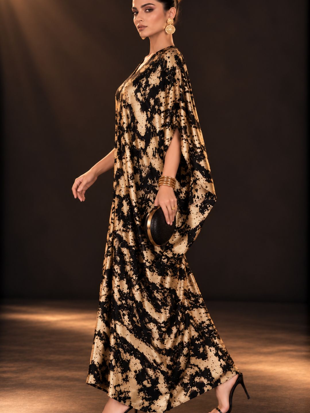 Black &amp; Gold Metallic Print Crinkle Kaftan Dress for Women