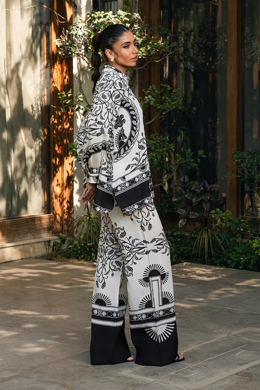 Monochrome Botanical Print Co-Ord Set – Collared Shirt &amp; Wide-Leg Pants