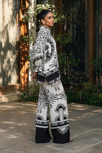 Monochrome Botanical Print Co-Ord Set – Collared Shirt &amp; Wide-Leg Pants