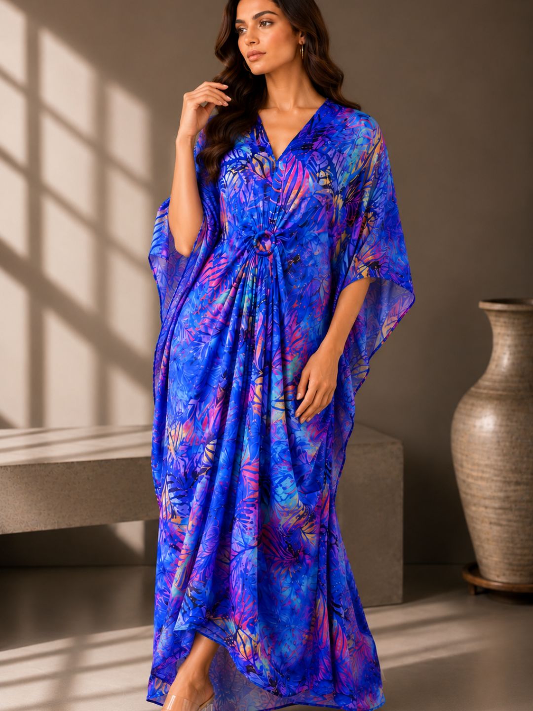 Emerald Bloom Printed Kaftan Maxi Dress with Ring Detail -Blue