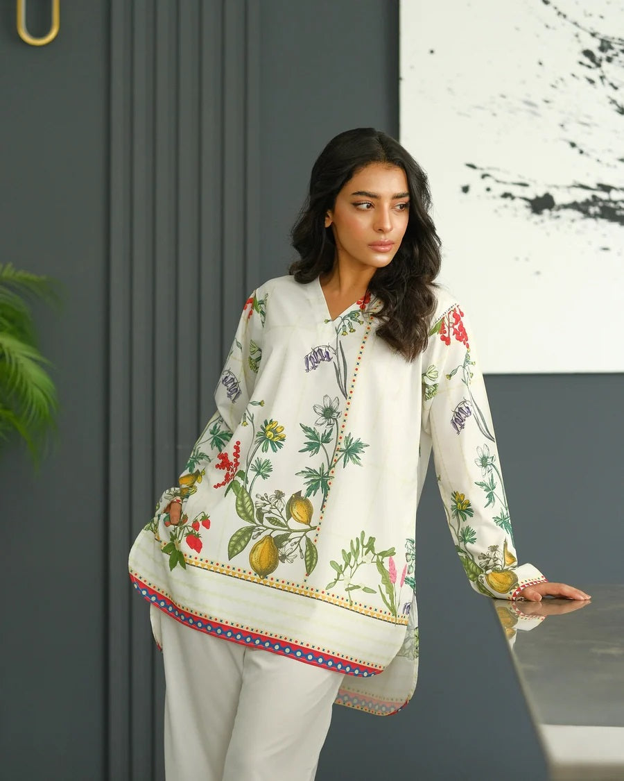 Ivory Botanical Print Tunic with Solid Flared Pants Co-Ord Set