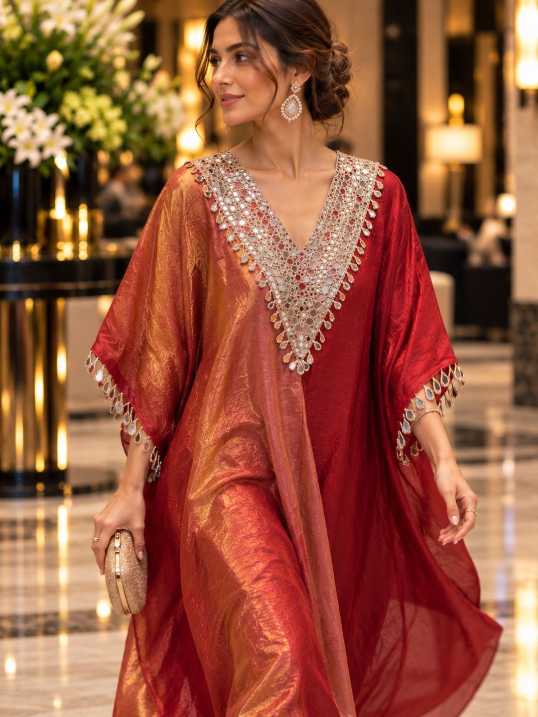 Red Ombré Space Silk Kaftan with Mirror Work V-Neck | Festive Draped Kaftan Dress for Women | Party &amp; Wedding Wear