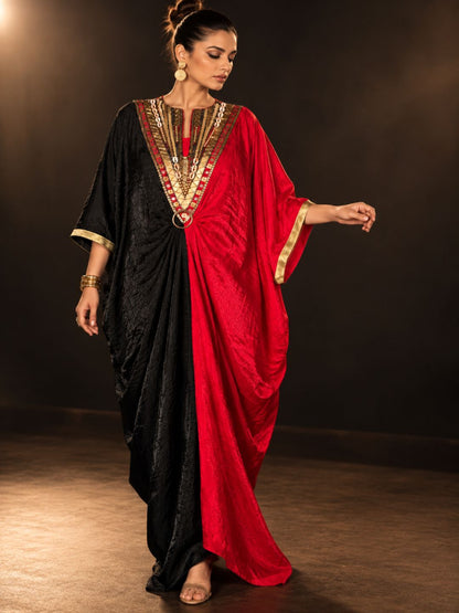 Black &amp; Red Dual Color Panel Embellished Nova Silk Kaftan