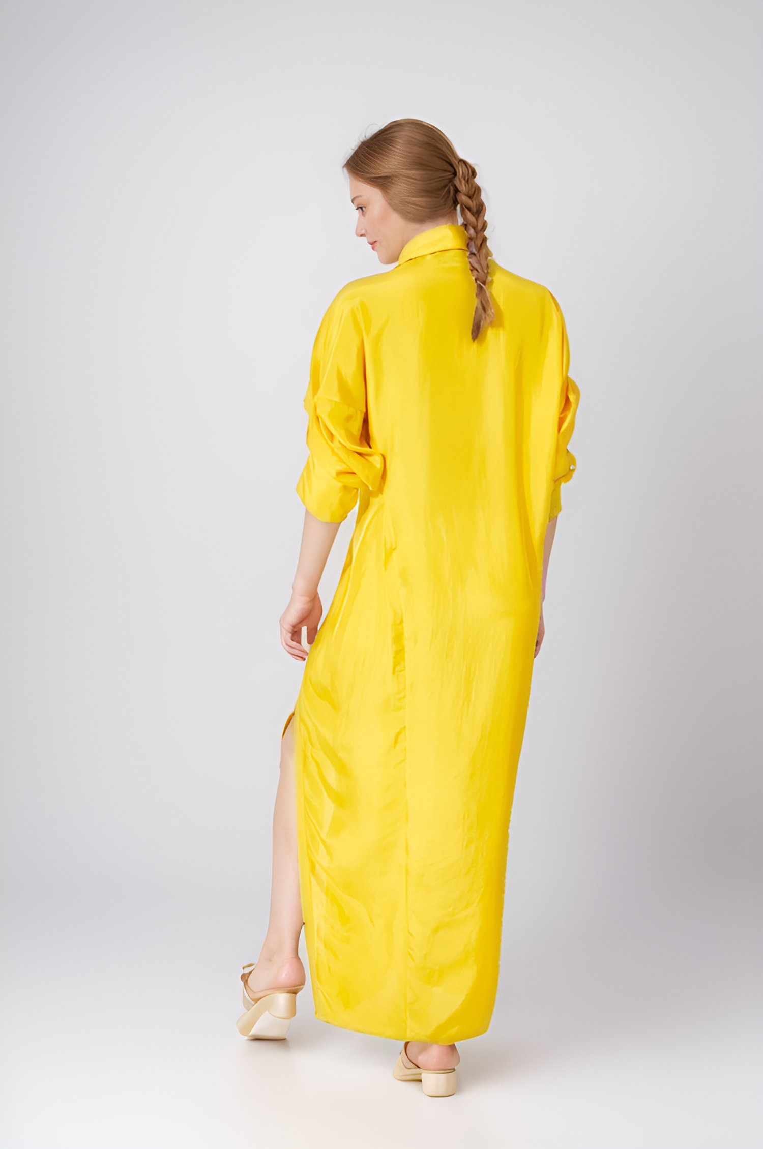 Yellow High Slit Button Dress